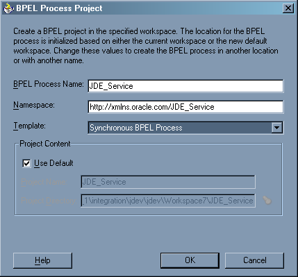 BPEL Process Project dialog box