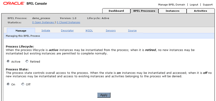 Oracle BPEL Console Manage tab