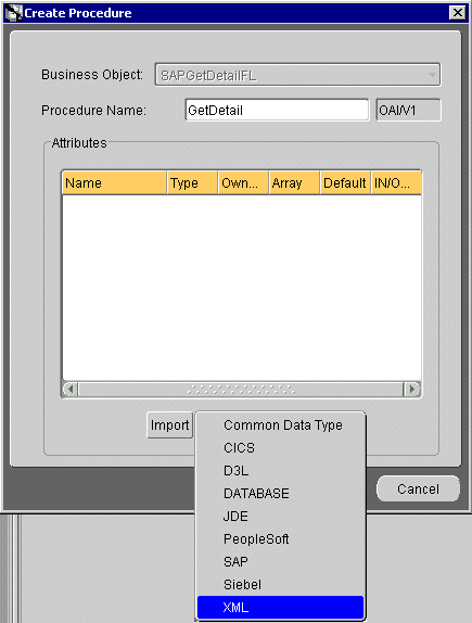 Create Procedure dialog box with XML selected