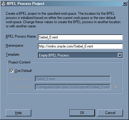 BPEL Process Project dialog box