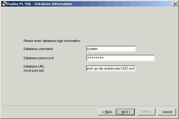 Deploy PL/SQL - Database Information dialog box