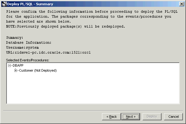 Deploy PL/SQL - Summary dialog box