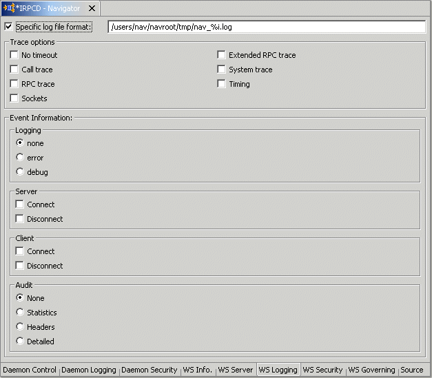 The Daemon workspace WS Logging tab.