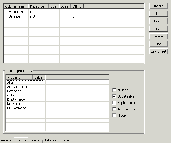 The data source metadata Coulmns tab.