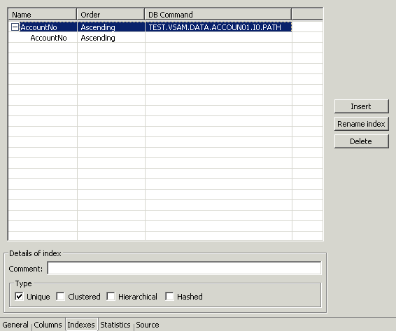 The data source metadata Indexes tab.