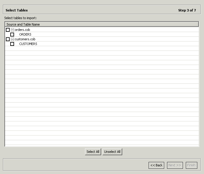 The Select Tables window with the tables identified