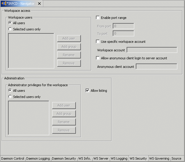 The Daemon workspace WS Security tab.