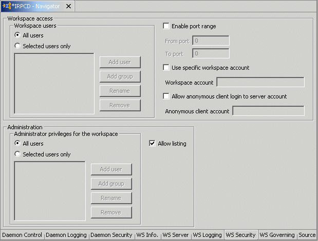 The Daemon workspace WS Security tab.