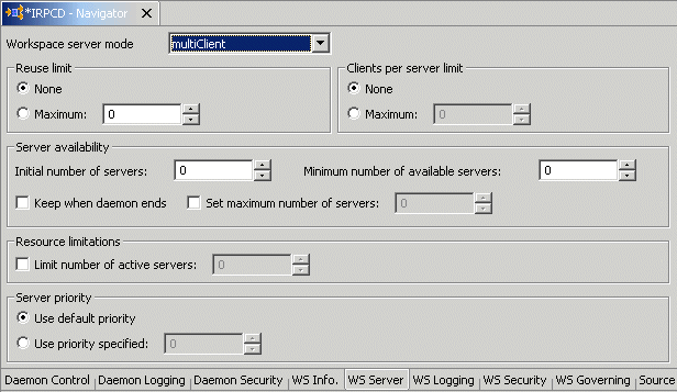 The Daemon workspace WS Server tab.