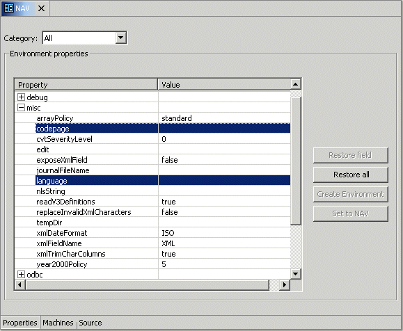 The language and codepage environment properties settings.