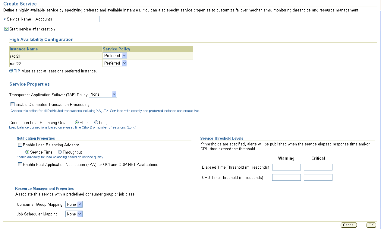 This figure shows a screenshot of the Enterprise Manager Create RAC Service page