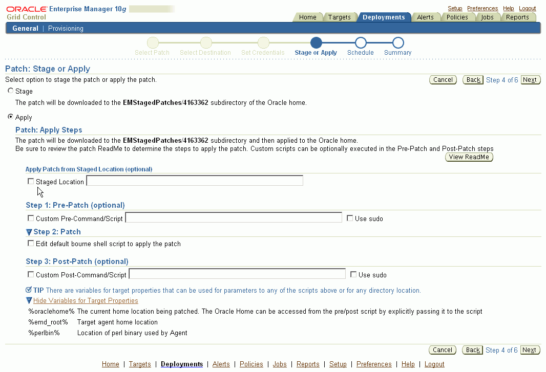 This figure shows a screenshot of the Enterprise Manager Patch: Stage or Apply page