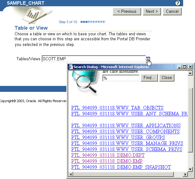 Shows clicking List icon to select a table or view