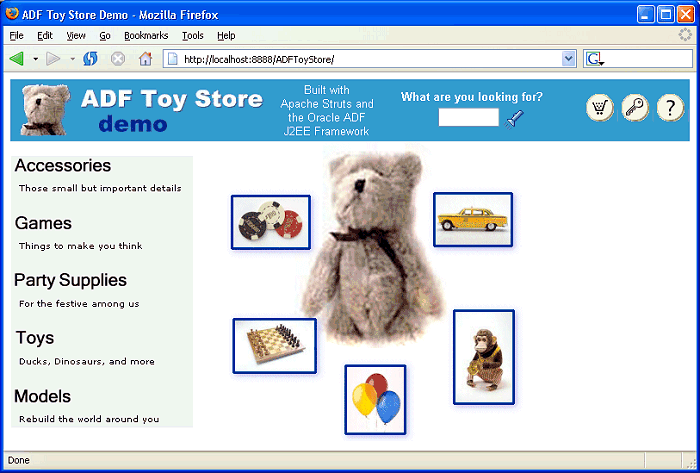 This image shows the ADF Toy Store Demo application home page.