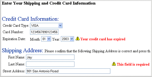 This image shows additional shipping information validation errors.