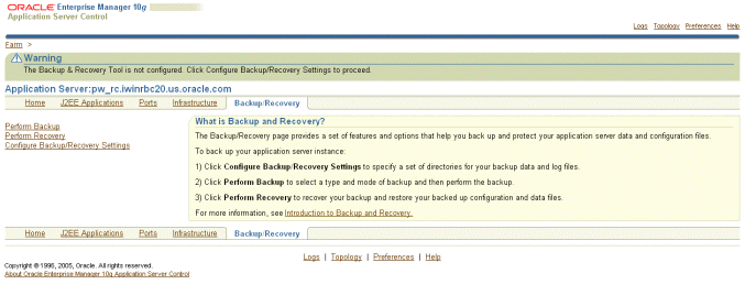 Screen with warning that Backup/Recovery not configured