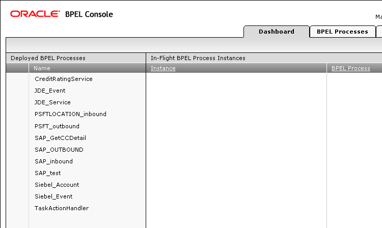 BPEL Console showing the newly-deployed BPEL process