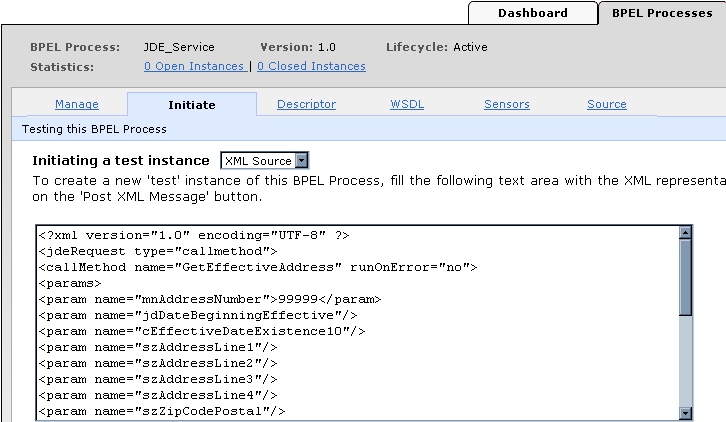 Oracle BPEL Console Initiate window