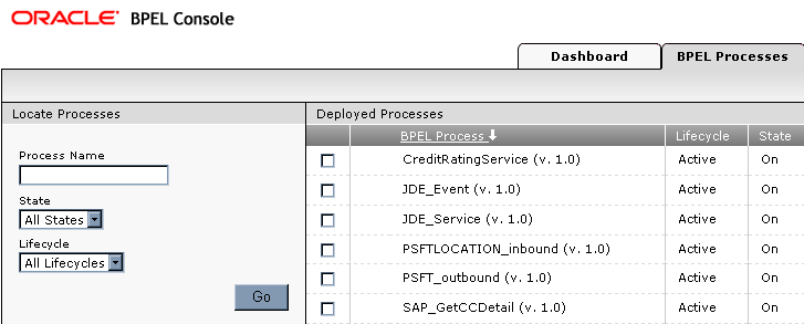 BPEL Processes tab in Oracle BPEL Console