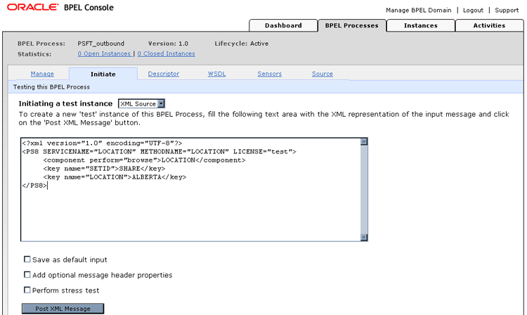 Oracle BPEL Console Initiate window