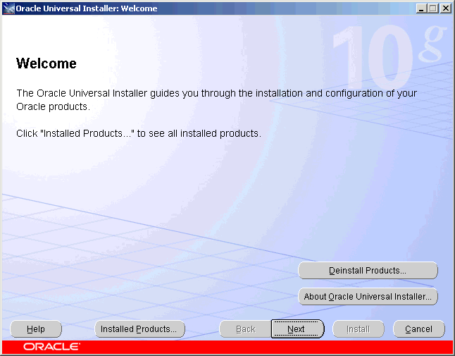 Oracle Universal Installer Welcome Screen