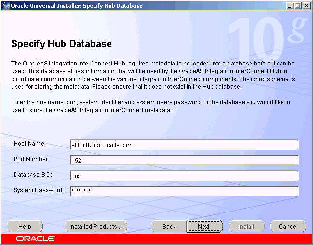 Specify Hub Database Screen