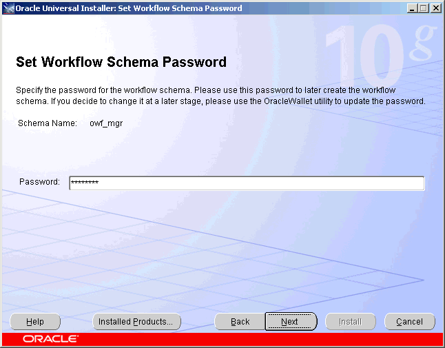 Specify Workflow Schema Password Screen