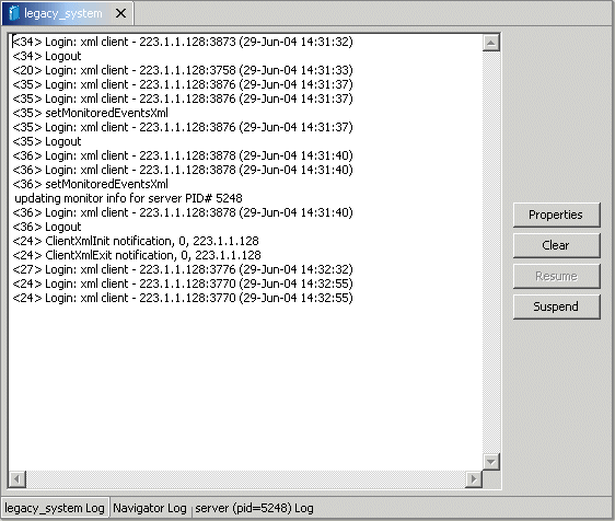 Runtime perspective logs. Select at the bottom of the pane.