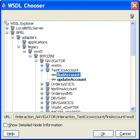 Selecting an adapter interaction from the WSIL Explorer