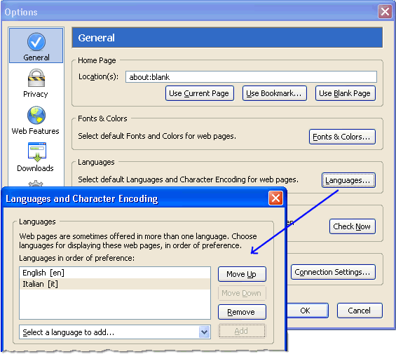 This image shows the Mozilla browser language settings.