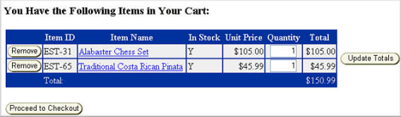 This image shows the shopping cart display.