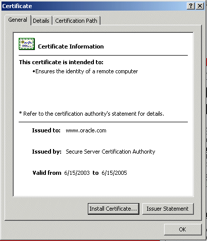 This graphic shows the Certificates information dialog.